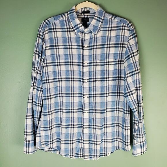 J. Crew Slim End-On-End Linen Blend Plaid Long Sleeve Button Down Shirt Sz Large - Picture 1 of 9